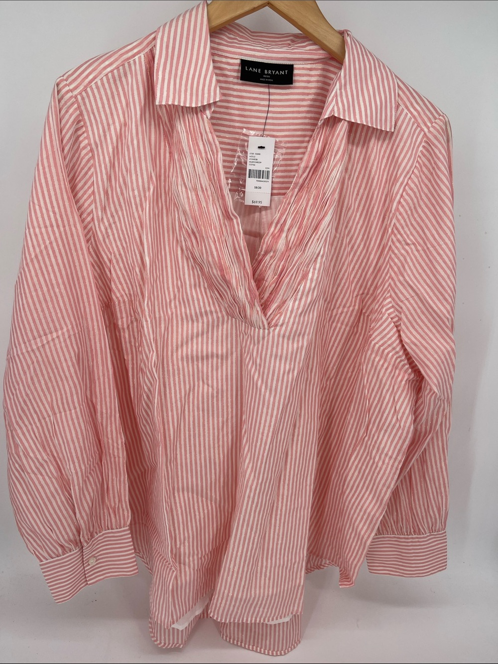 Lane Bryant Pink and White Striped V-Neck Button Front Blouse 3X